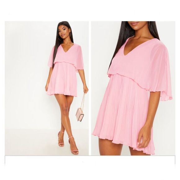 NWOT PrettyLittleThing Dusty Pink Cape Pleated Detail Skater Dress 4 - Picture 1 of 11